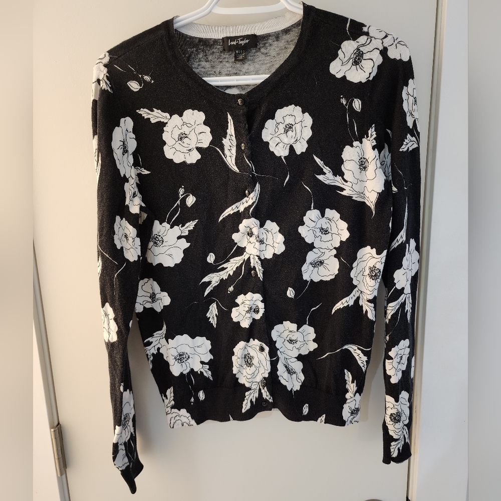Black & White Floral Lord & Taylor button up Cardigan Size M